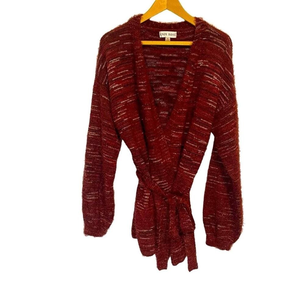 Knox Rose Burgundy‎ Space Dye Eyelash Knit Belted Cardigan Sweater Womens XL - Picture 3 of 11